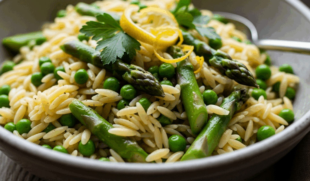 bowl of lemon orzo pasta with peas and asparagus, food photography
