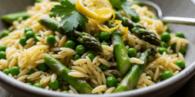 bowl of lemon orzo pasta with peas and asparagus, food photography