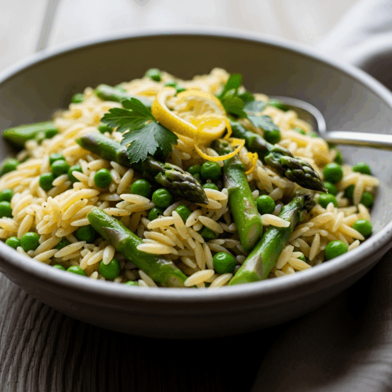 bowl of lemon orzo pasta with peas and asparagus, food photography